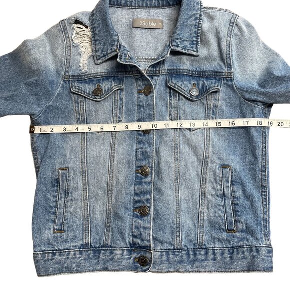 2SABLE JEAN JACKET DISTRESSED BUTTON UP POCKETS SIZE M DENIM BLUE 100% COTTON - Picture 9 of 12